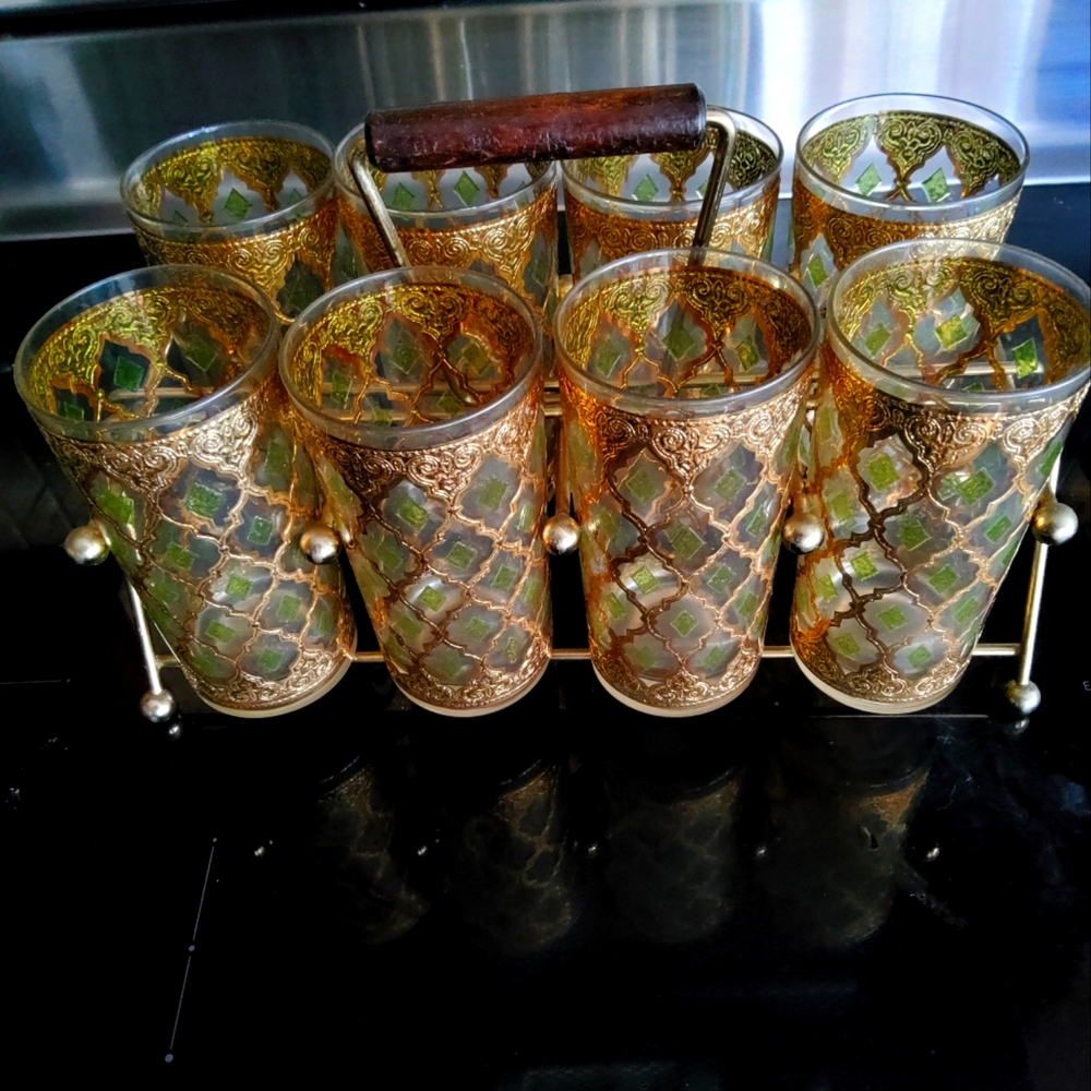 Vintage Mid Century Calver Valencia Glasses w/caddy